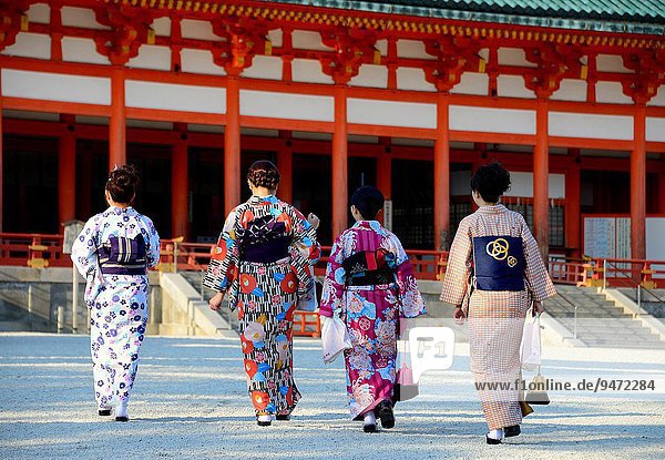 Heian Shrine - Heian Jingu - is a Shinto shrine located in Sakyo?-ku  Kyoto  Japan  here young four women in kimono (traditional dress).