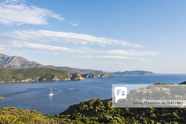 Bucht mit Segelboot  Küste und Berglandschaft  Golf von Porto  Korsika  Frankreich  Europa