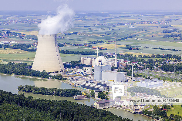 Aerial view  EON nuclear power plants Isar I and Isar II with reactor buildings and cooling tower on the Isar River  Essenbach  Bavaria  Germany  Europe