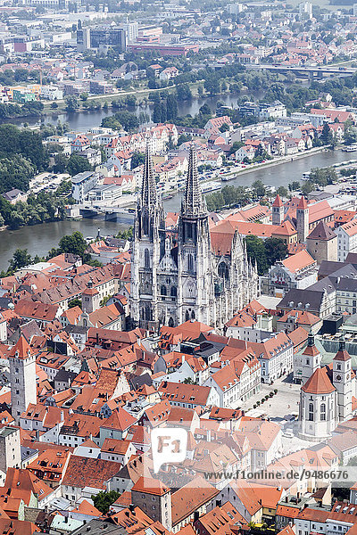 Aerial view  old town with the Regensburg Cathedral and the Danube  Regensburg  Upper Palatinate  Bavaria  Germany  Europe