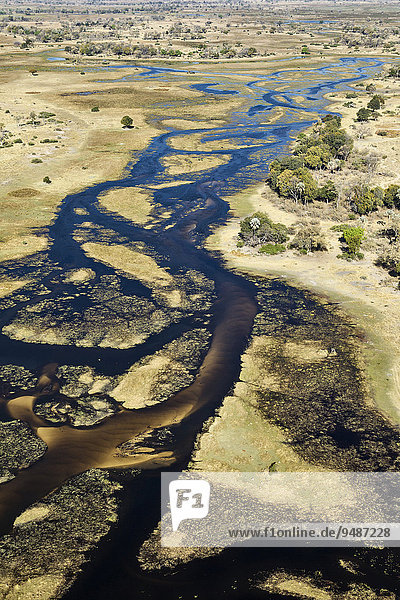 Luftbild  der Gomoti mit seinen Kanälen  Inseln  Sandbänken und dem angrenzenden Frischwassersumpfgebiet  Okavango Delta  Botswana  Afrika
