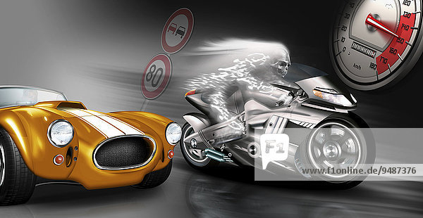 Sportwagen  Ghostrider auf Motorrad und Tachometer  Illustration  Symbolbild Unfallrisiko schnelles Fahren