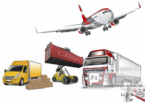 Transportation  logistics  delivery of goods  passenger aircraft  container carrier truck  vans and trucks  illustration