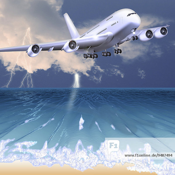 Passagierflugzeug  Landeanflug über Ozean  Illustration