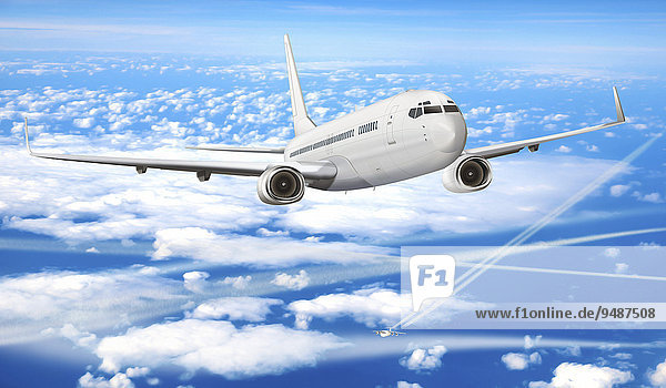 Passagierflugzeug über den Wolken mit Kondensstreifen  Illustration