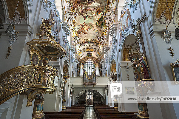 Pulpit  frescoed ceilings and organ loft  Kloster Indersdorf monastery  Markt Indersdorf  Upper Bavaria  Bavaria  Germany  Europe