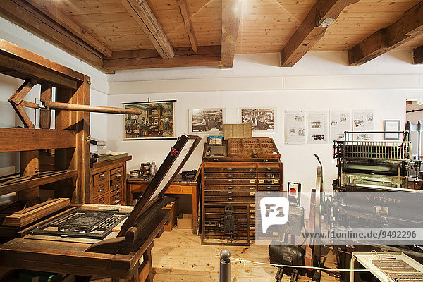 Alte Setzerei im Technikmuseum Kratzmühle  Kinding  Altmühltal  Bayern  Deutschland  Europa