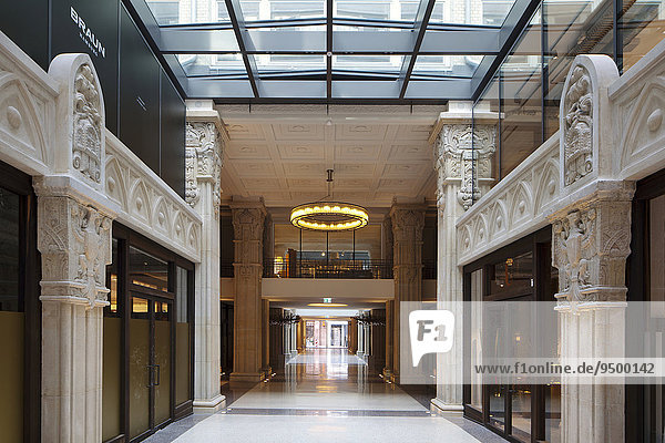 Kaisergalerie mall  atrium with terrazzo floor  renovated coffered ceiling and 7.50 meter high sandstone pillars with carved crowns and ornaments  Hamburg  Germany  Europe