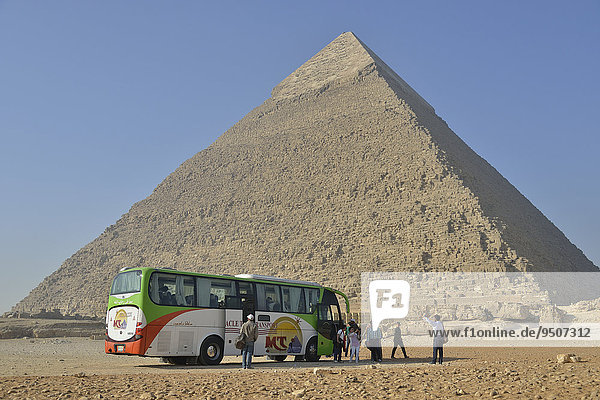 Tourist bus in front of the Pyramid of Chephren  Giza  Egypt  Africa