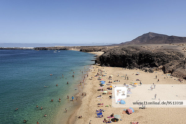 Papagayo beaches or Playas de Papagayo  Playa Blanca rear left  rear right Hacha Grande  Lanzarote  Canary Islands  Spain  Europe