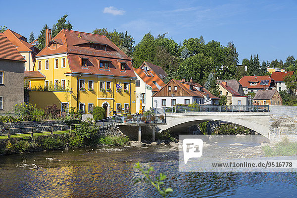 Main Spree river with the Alte Gerberei Hotel and the Spree bridge  Bautzen  Saxony  Germany  Europe