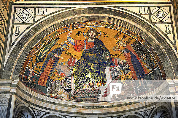 The medieval Romanesque style Byzantine mosaic of Christ between the Virgin Mary and St Minias  1260  San Miniato al Monte Basilica  St. Minias on the Mountain  Florence  Tuscany  Italy  Europe