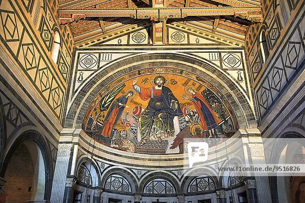 The medieval Romanesque style Byzantine mosaic of Christ between the Virgin Mary and St Minias  1260  San Miniato al Monte Basilica  St. Minias on the Mountain  Florence  Tuscany  Italy  Europe