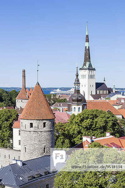 Ausblick vom Domberg auf die Unterstadt  Altstadt mit der Olaikirche oder Oleviste kirik  und den Türmen der Stadtmauer  Tallinn  Estland  Europa
