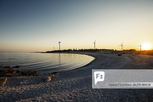 Beach at sunset  wind turbines on background