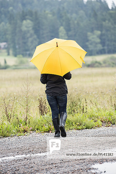 Rückansicht Frau Regenschirm Schirm gelb