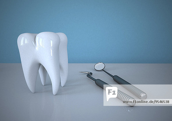 3D-Rendering  Zahn mit Zahnarzt-Tools