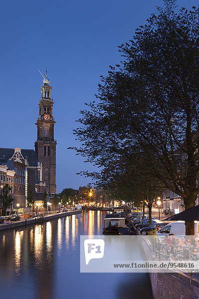Netherlands  Amsterdam  Prince's Canal  Church tower in the evening