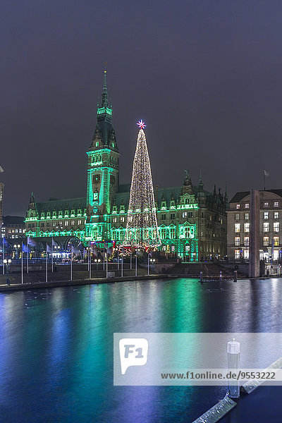 Germany  Hamburg  Steel Christmas tree at market in front of illuminated town hall