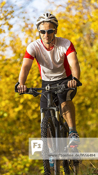 Man riding mountaimbike in autumnal forest