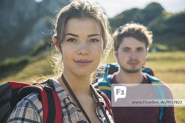 Austria  Tyrol  Tannheimer Tal  portrait of young couple hiking