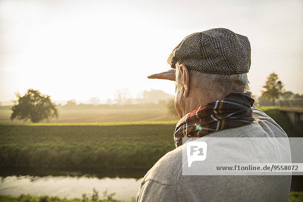 Älterer Mann in ländlicher Landschaft mit Blick auf die Landschaft