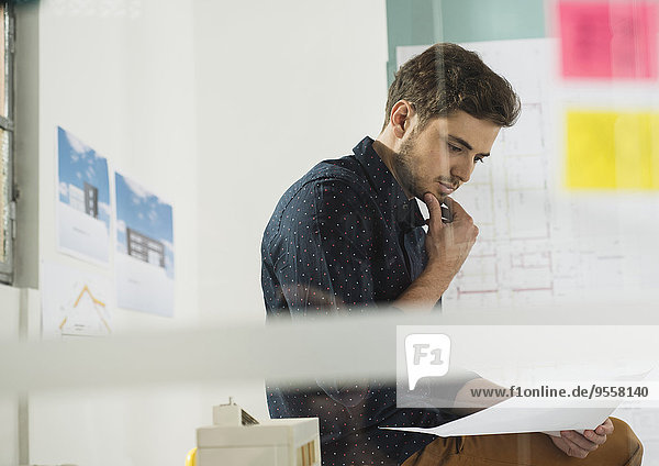 Young man in office reviewing documents