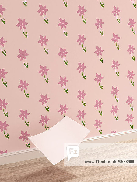 Blank sheet of paper falling down to wooden floor in front of pink wallpaper with floral design  3D Rendering