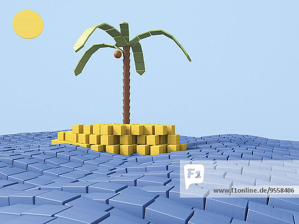 Insel mit Kokospalme aus Bausteinen  3D-Rendering