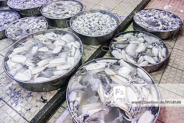 Vietnam  Saigon  bowls of different squids at central market