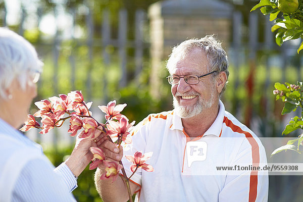 Seniorenpaar mit Blumenblüte im Park