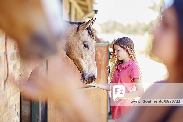 Teenagermädchen bei der Pferdepflege im Stall