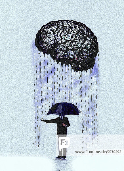 Geschäftsmann mit Regenschirm unter regnendem Gehirn