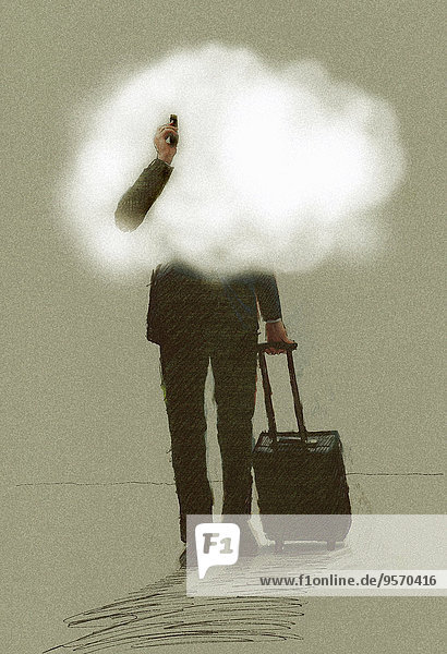 Geschäftsmann mit Handy und Koffer in einer Wolke