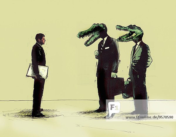 Geschäftsmann trifft Geschäftsmänner mit Krokodil-Köpfen