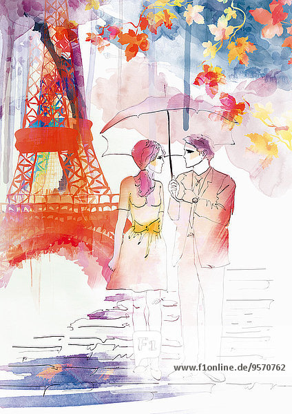 Romantisches Paar geht in Paris spazieren