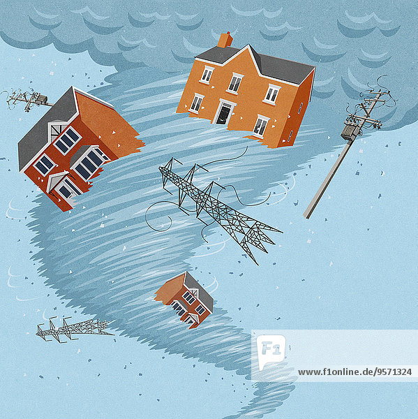Häuser und Strommasten in einem Tornado