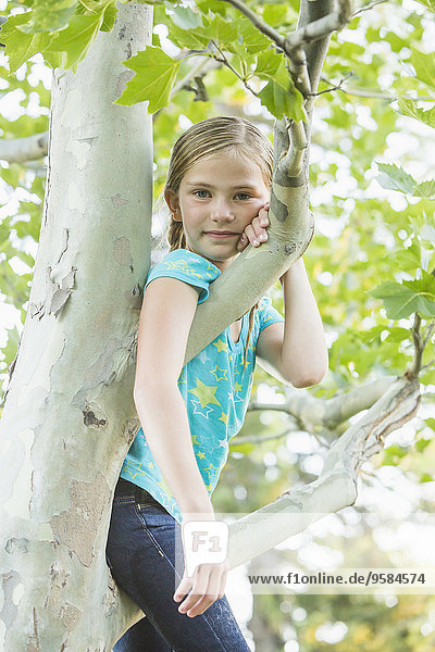 Außenaufnahme Europäer lächeln Baum Mädchen klettern freie Natur
