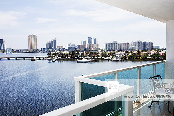 Modern balcony overlooking city skyline  Miami  Florida  United States