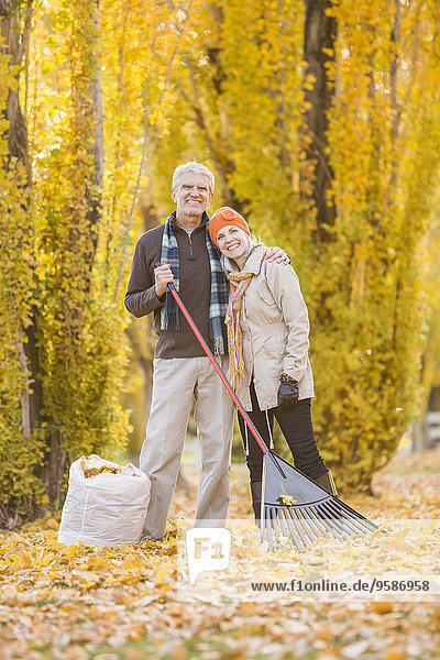 Older Caucasian couple raking autumn leaves