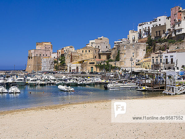 Italy  Sicily  Province of Trapani  Fishing village Castellammare del Golfo  Beach and harbour