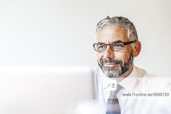 Portrait of smiling businessman working at laptop