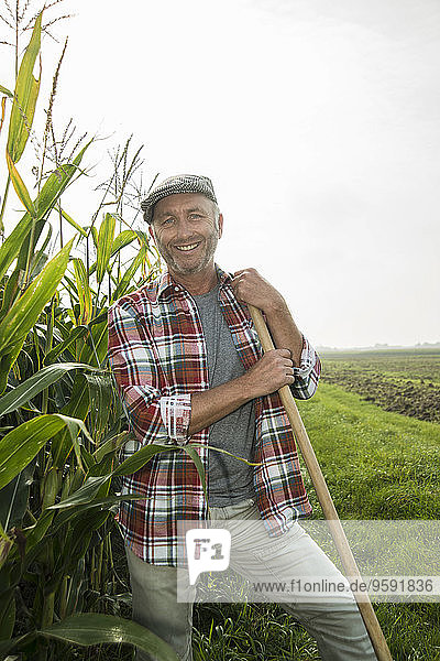 Portrait of smiling farmer standing besides a maize field