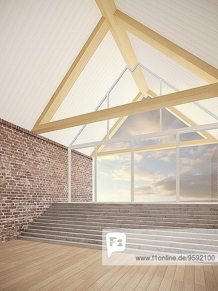 Leerer Raum mit Dachbalken Treppen- und Backsteinwänden 3D-Rendering