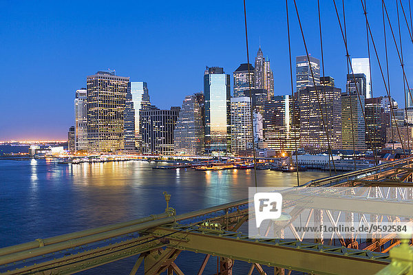 Manhattan skyline from Brooklyn Bridge  New York  USA