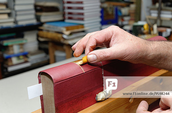 Nahaufnahme der Hände eines älteren männlichen Buchbinders mit Blattgold auf dem Buchrücken