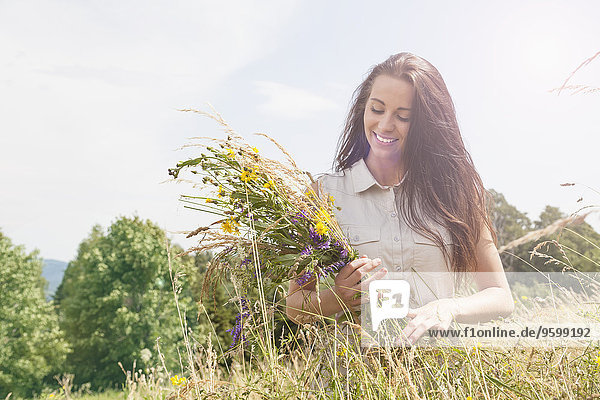 Junge Frau mit frisch gepflückten Wildblumen im Feld
