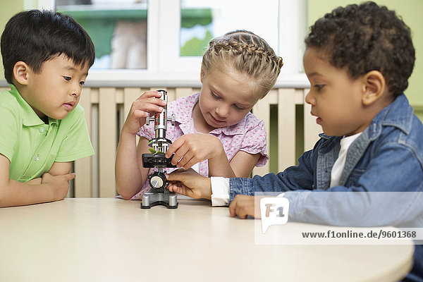 Drei Kinder experimentieren mit einem Mikroskop