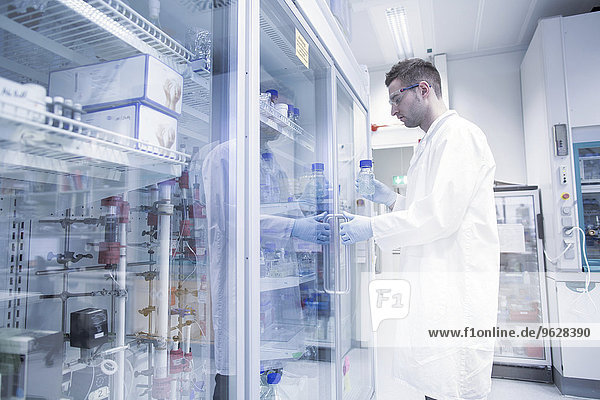 Wissenschaftler im mikrobiologischen Labor beim Öffnen des Kühlschranks