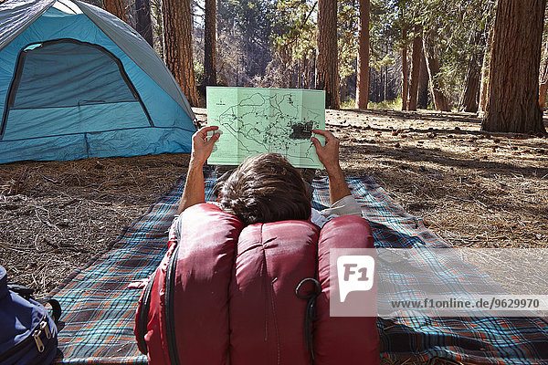 Rückansicht eines jungen männlichen Camper auf der Decke liegend mit Blick auf die Karte im Wald  Los Angeles  Kalifornien  USA